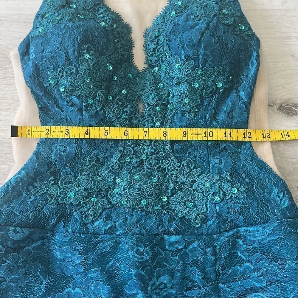 Elegant Lace and Sequined Dress Teal/Nude NWOT